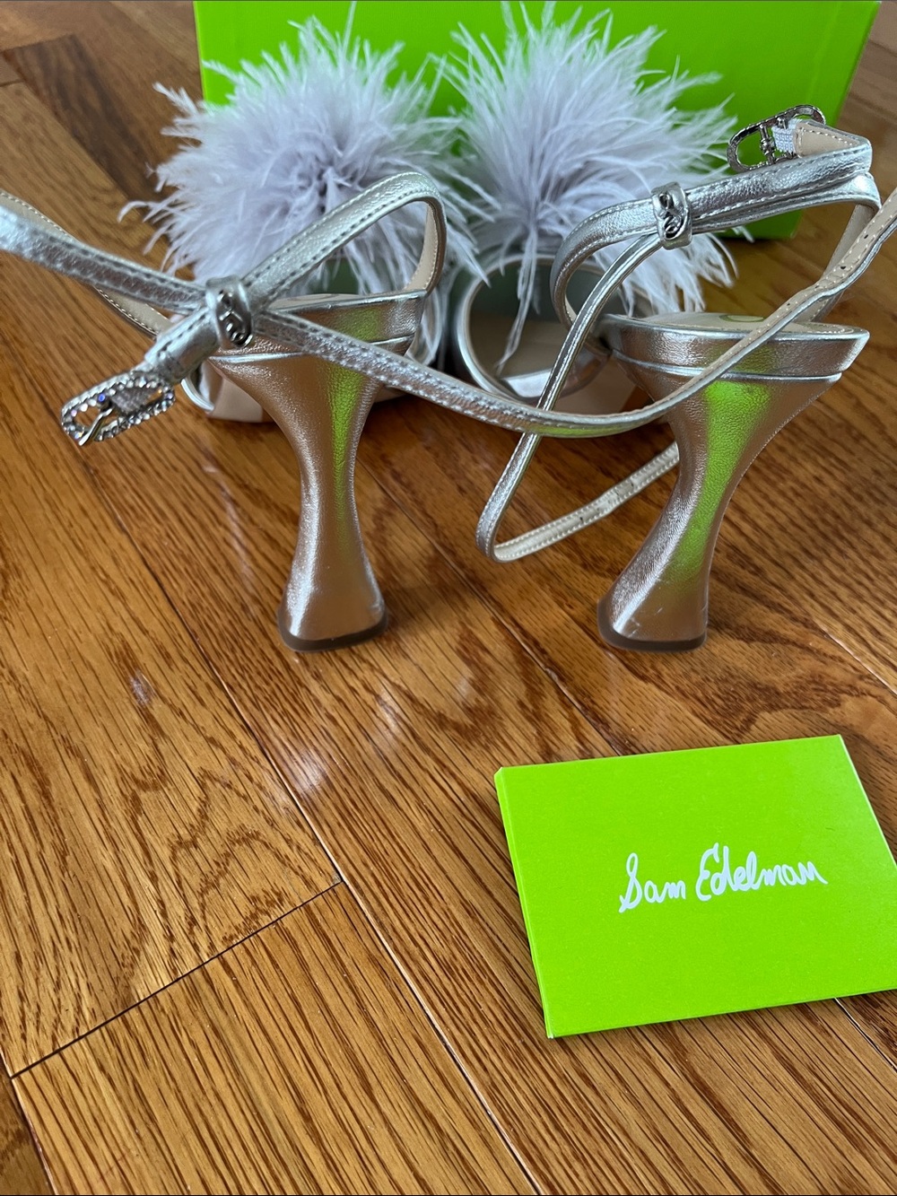 Sam Edelman Metallic Silver Feather Pom-Pom Slingback Heels - Picture 4 of 7